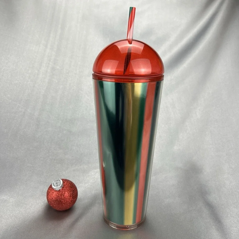 Starbucks 2024 Limited Edition Dome Cup Metallic Red Green Gold Stripe Christmas